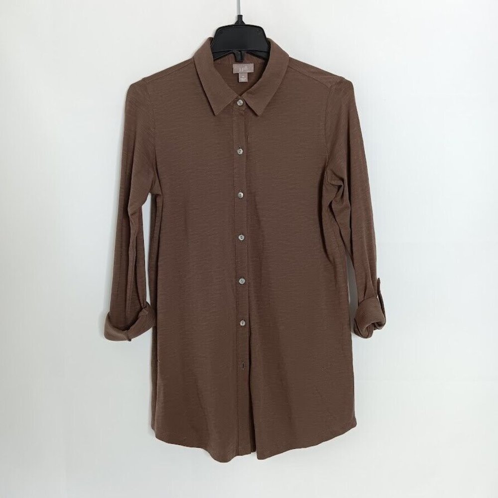 J Jill Top XS Button Up Shirt Blouse Chocolate Brown Roll Tab Long Sleeve Blouse